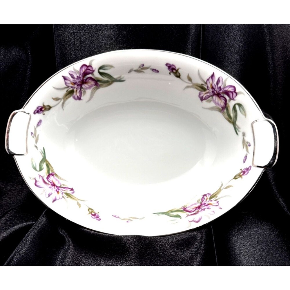 Mikado China Japan White Purple Iris Platinum Rim 10.5” Oval Bowl